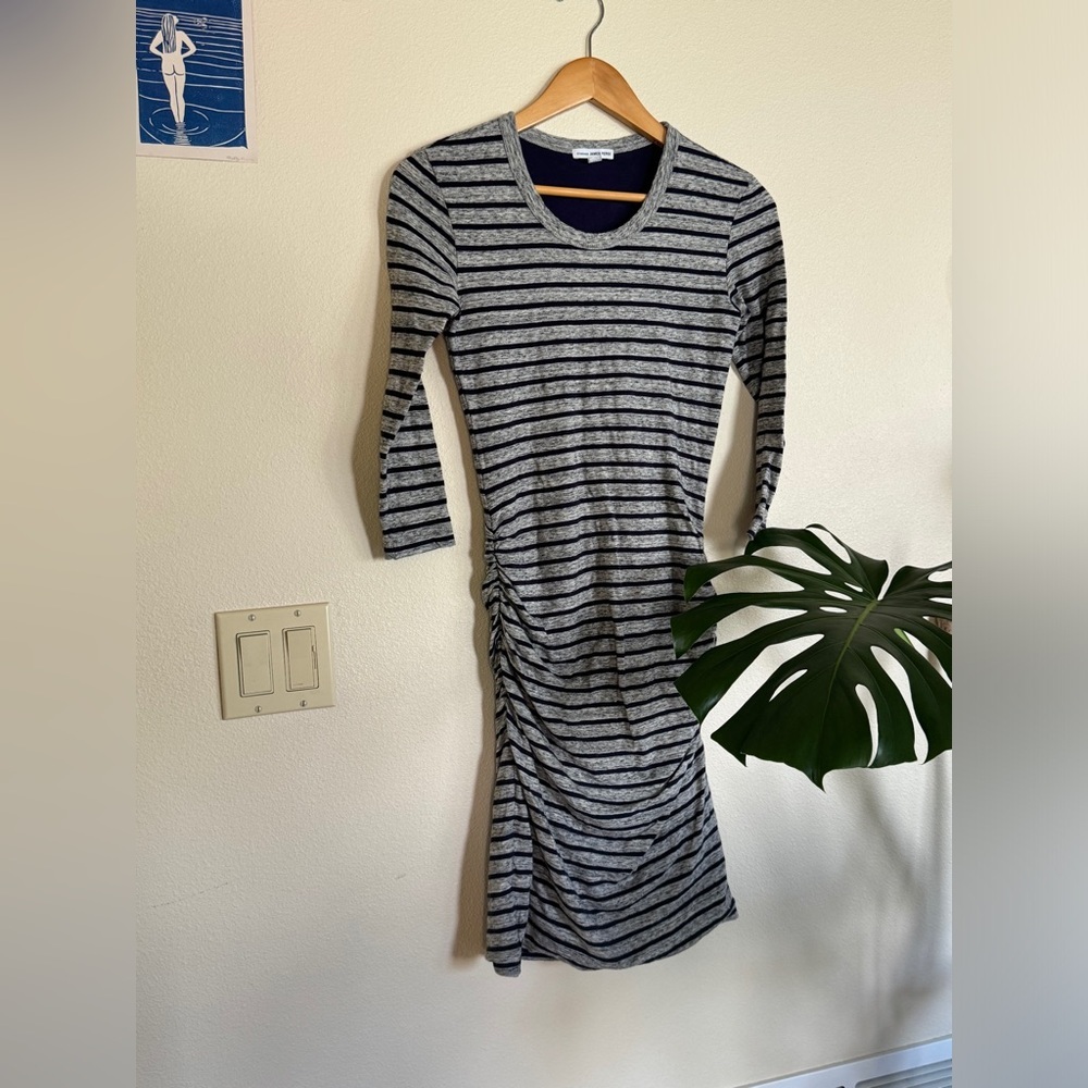 James Perse Ruched Bodycon Dress Size 1 / S Striped Grey Navy EUC